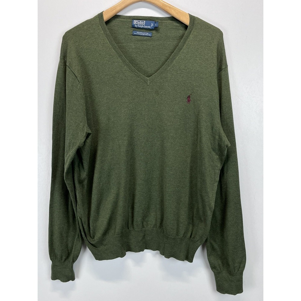 Vtg Polo Ralph Lauren Vneck Sweater Sz Large Mens 100% Pima Cotton Olive Green